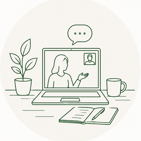 Online coaching Lijnillustratie van online coaching via een laptop, als beeld bij persoonlijke coaching op afstand.