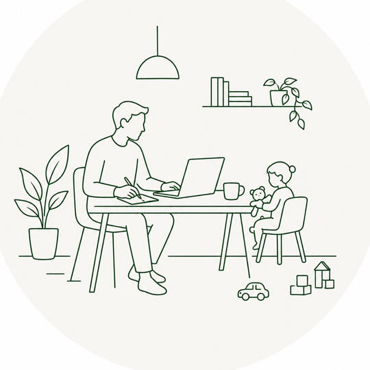 Een ouder aan het werk aan tafel met een kind in de stoel aan het spelen, als beeld bij coaching voor ondernemer die ook ouder zijn en veel verantwoordelijkheid dragen.